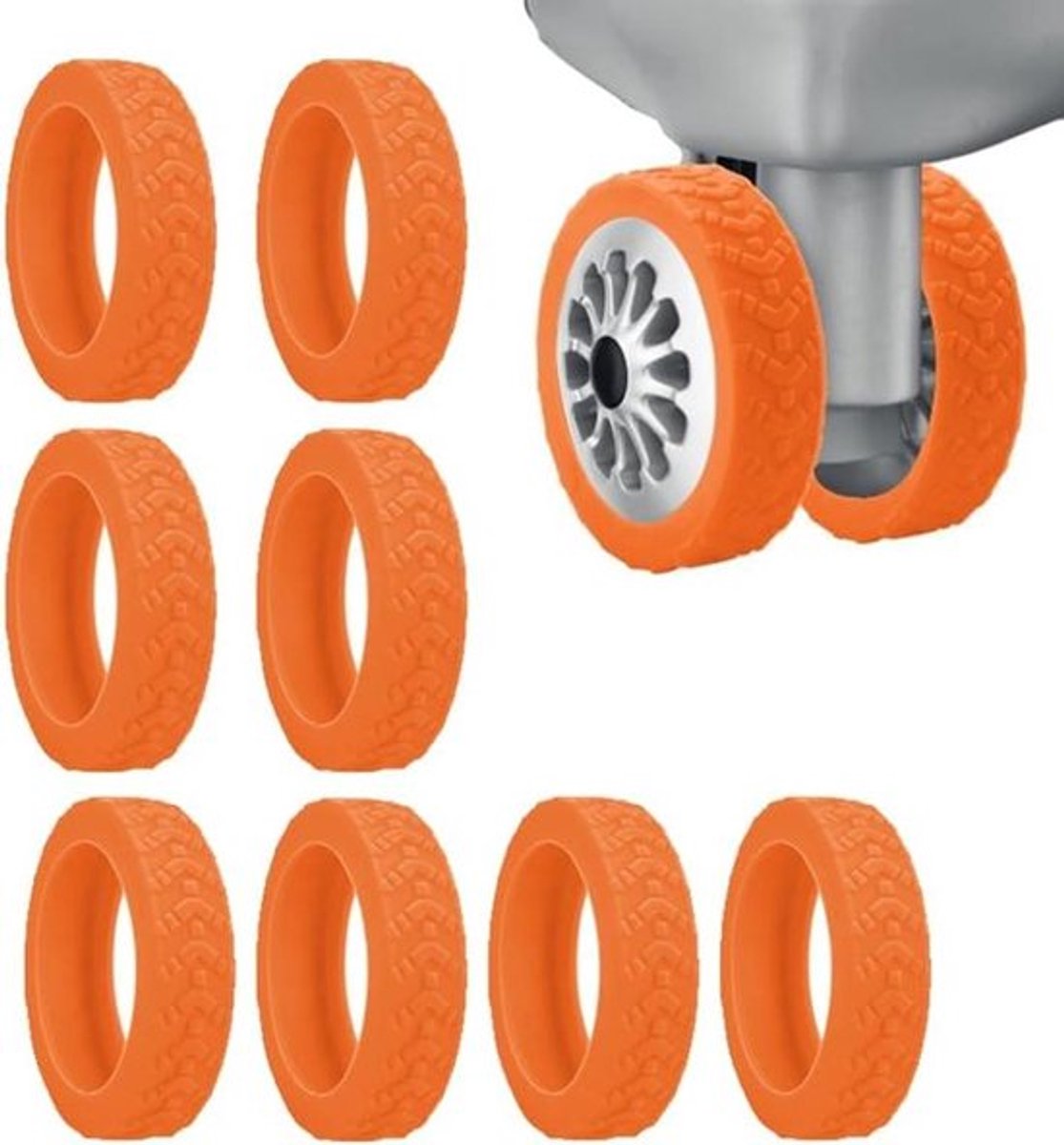 8 stuks kleurrijke siliconen bagage wielhoezen, beschermhoezen voor 8 wielen, vermindert geluiden, oranje.