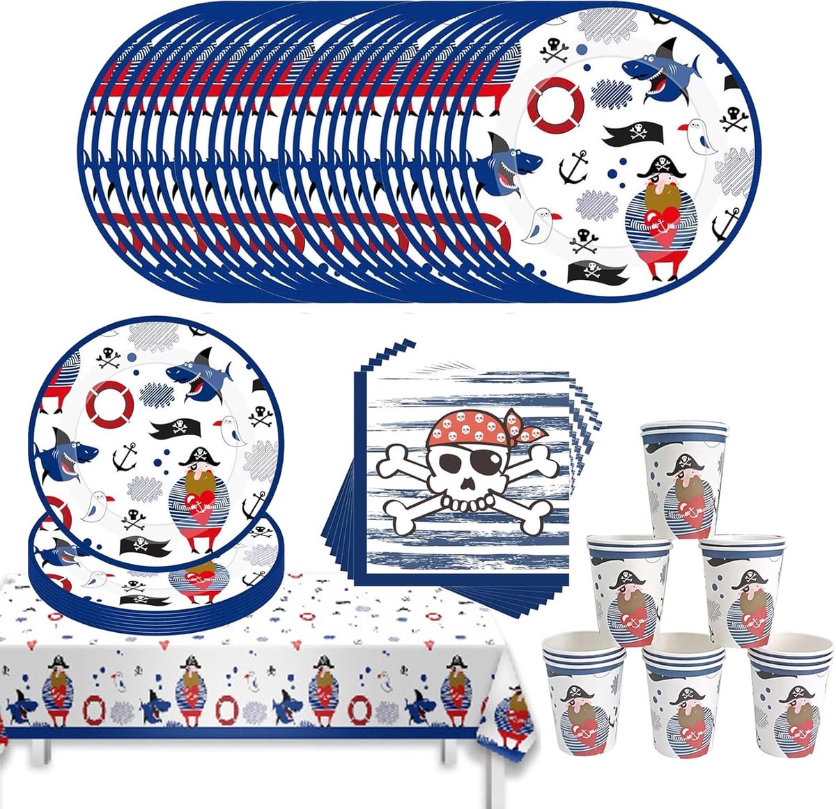 SnelShoppen - Piratenfeest Servies Set - Papieren Borden, Bekers, Servetten en Tafelkleed voor 16 Personen - Kinderen Verjaardagsfeest, Baby Shower, F