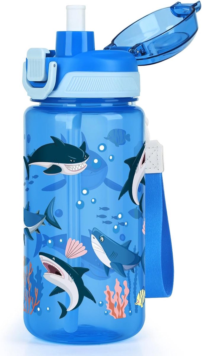 SnelShoppen - Drinkfles voor Kinderen 600 ml, Lekvrije Sluiting, BPA-vrij, Haai, Ideaal voor Sport, School, Camping, Feestjes, Kinderen vanaf 4 Jaar