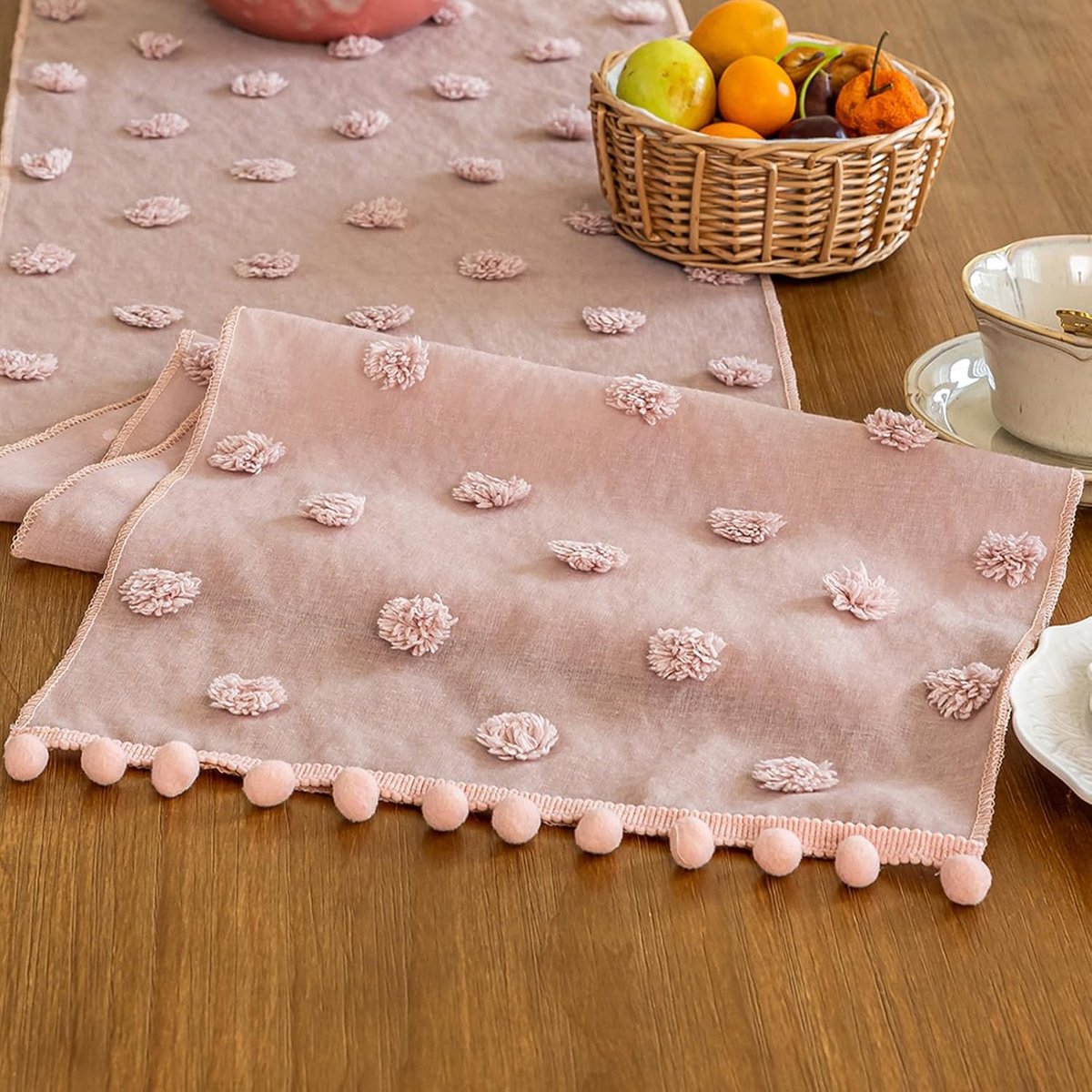 SnelShoppen - Rustic Transparante Tulle Tafelloper 35 x 180cm met Kwastjes - Zachte Pluche Faux Bont Jacquard Tafelversiering voor Eettafel en Huisdec