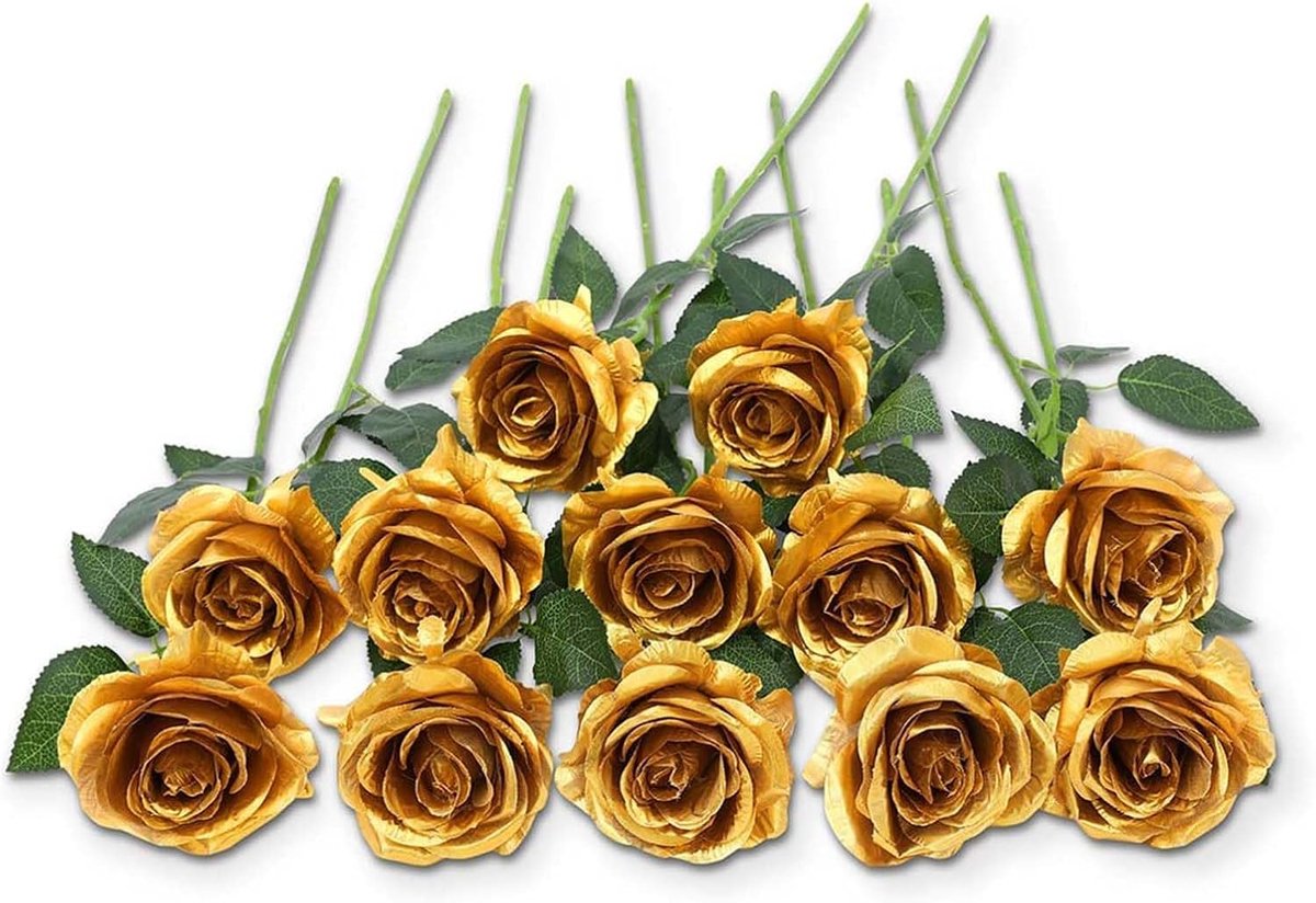 SnelShoppen - 12 Stuks Kunstrozen 53cm met Lange Stelen (Goud) | Realistische Kunstbloemen voor Bruidsboeket, Thuis, Tuin, Woonkamer, Hotel, Kantoor D
