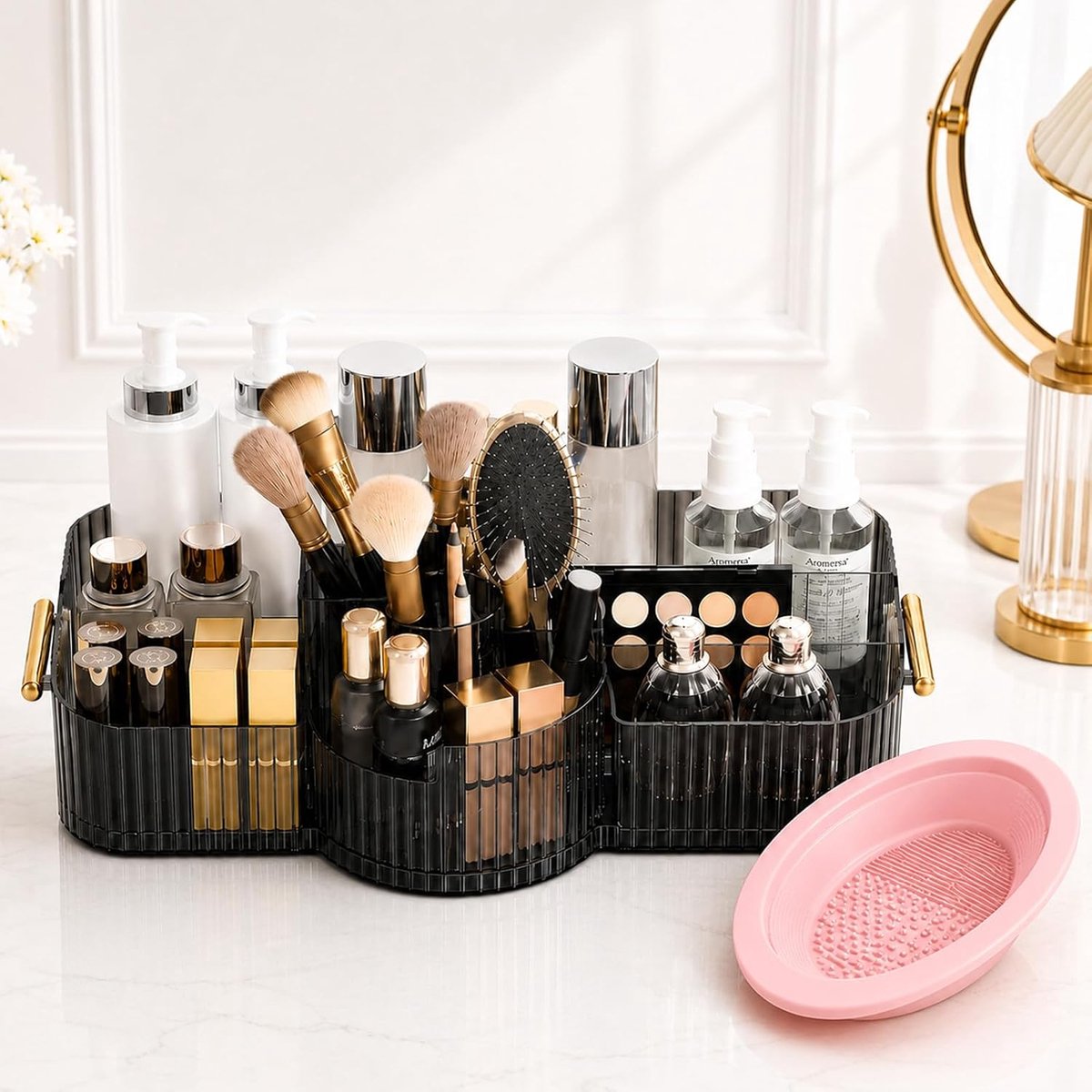 SnelShoppen - 360° Draaibare Make-up Organizer met Lades en Reinigingsschaal voor Kwasten, Lippenstift en Verzorging, Meerlaagse Cosmetica Opberger in