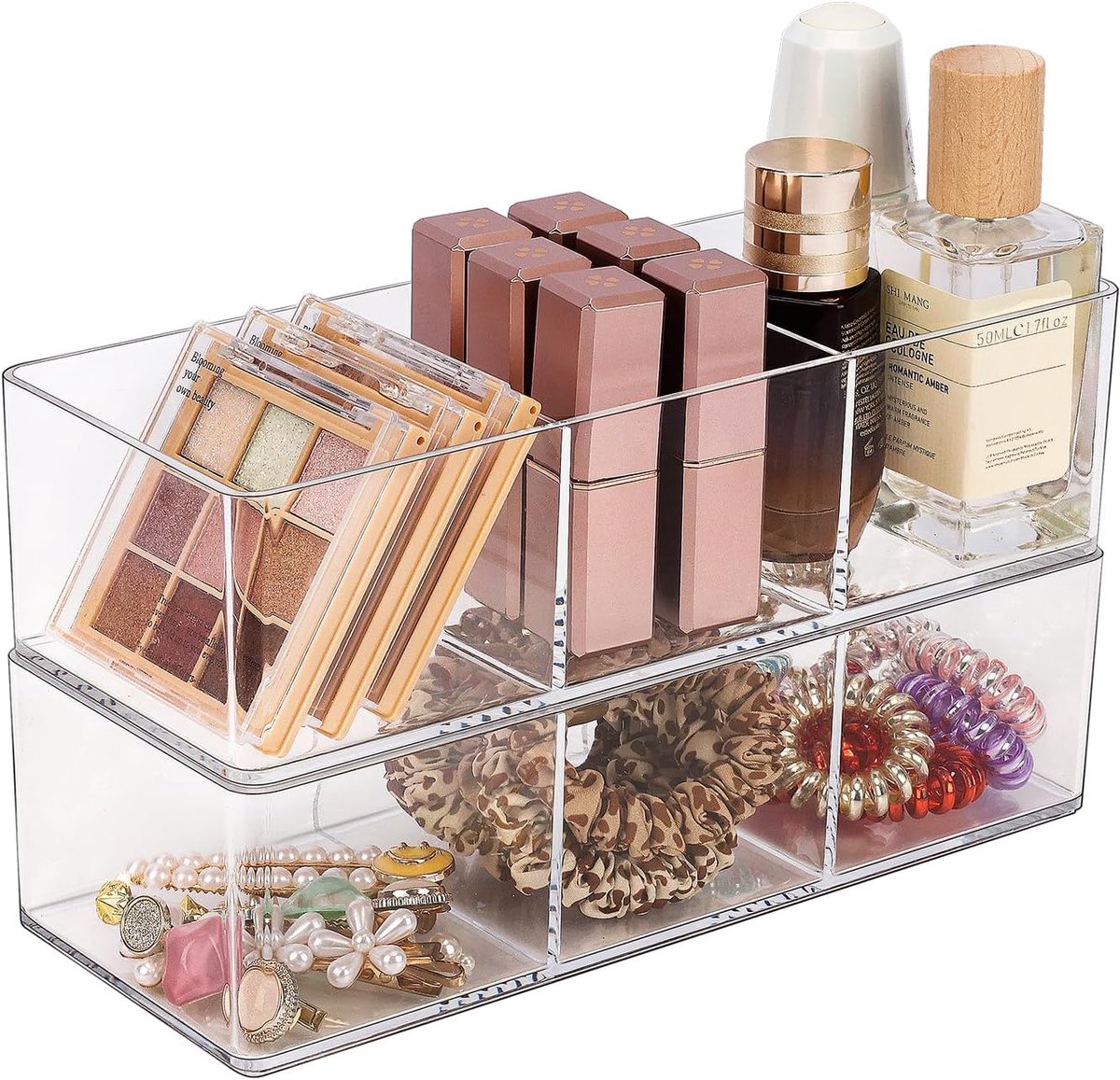 SnelShoppen - Acryl Makeup Organizer - Cosmetica Opbergdoos - Sieraden Display - Transparante Organizer voor Bureau, Badkamer, Vanity - 3+3 Compartime