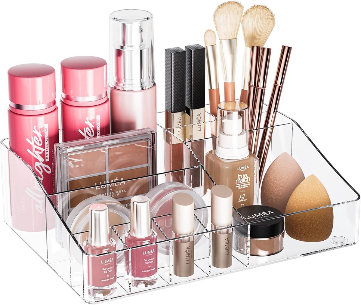 SnelShoppen - Transparante Cosmetica Organizer voor Lippenstiften, Sieraden, Nagel- en Huidverzorging, 7 Compartimenten en 2 Lades, Ideaal voor Badkam