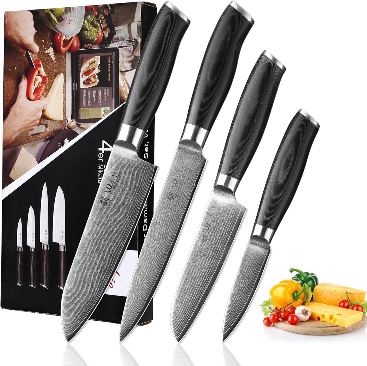 SnelShoppen - Professioneel Keukenmes Set - 4-delige Damast Stalen Kookmessen - 8,5 cm tot 18 cm - Ultra Scherp - Micarta Handvaten - Perfect voor Kok