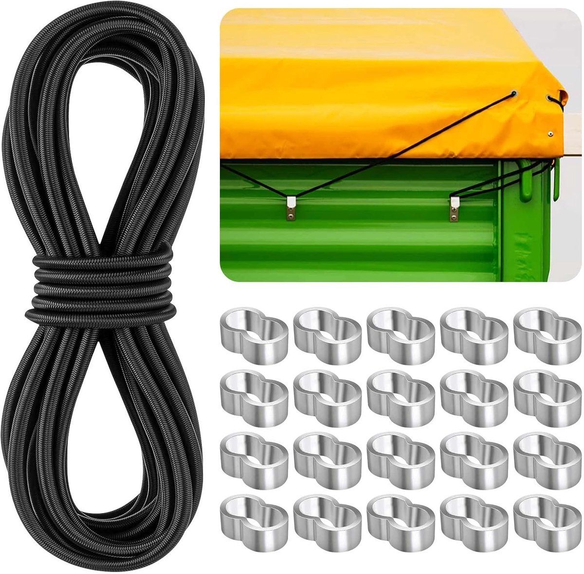 SnelShoppen - Elastische Spanner 6 mm x 10 m Zwart - Dekzeil Bevestiging, Aanhanger Spanspanners met 20 M6 Aluminium Hulzen voor Camping, Tent, Fiets,