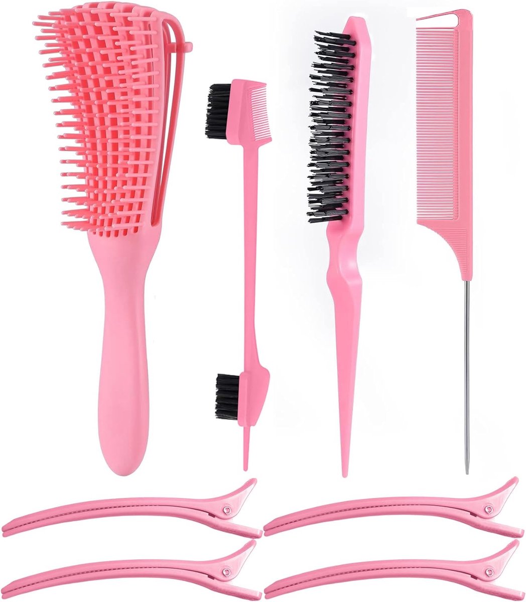 SnelShoppen - 4-delige Haar Kam Set, Ontwarrende Borstel, Professionele Kappers Kam, Rattail Kam met Punt, Dubbelzijdige Borstel Roze - Perfect voor K