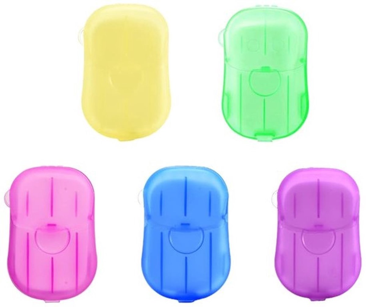 Papierzeep 5 Stuks - Draagbare Mini-zeepblaadjes - Kunststof Doos - Zeeppapier - Ideaal voor Camping - Lichtgewicht en Handzaam - Zeepbladen