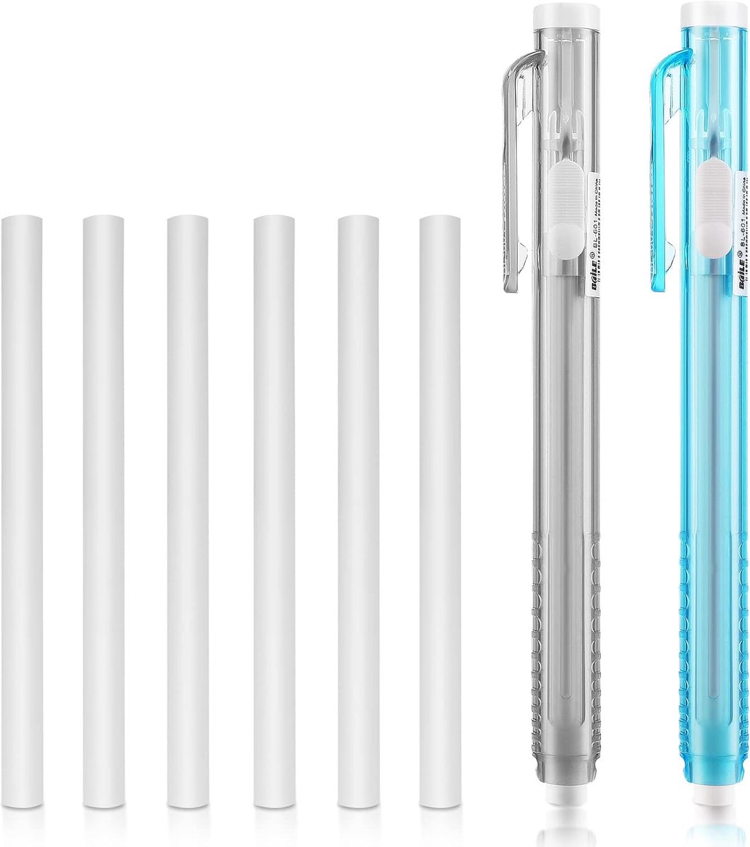 SnelShoppen - 2x Pen Style Mechanische Gummis, Retractable Eraser Pens met 6 Vervangbare Gummis, Teken- en Ontwerp Erasers in Blauw en Grijs