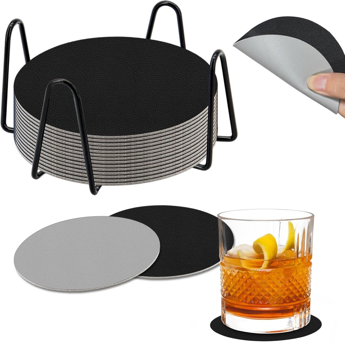SnelShoppen - Set van 14 Dubbelzijdige PU Leren Coasters Zwart en Grijs, Waterdicht, Antislip en Hittebestendig met Metalen Houder voor Ruimtebesparen