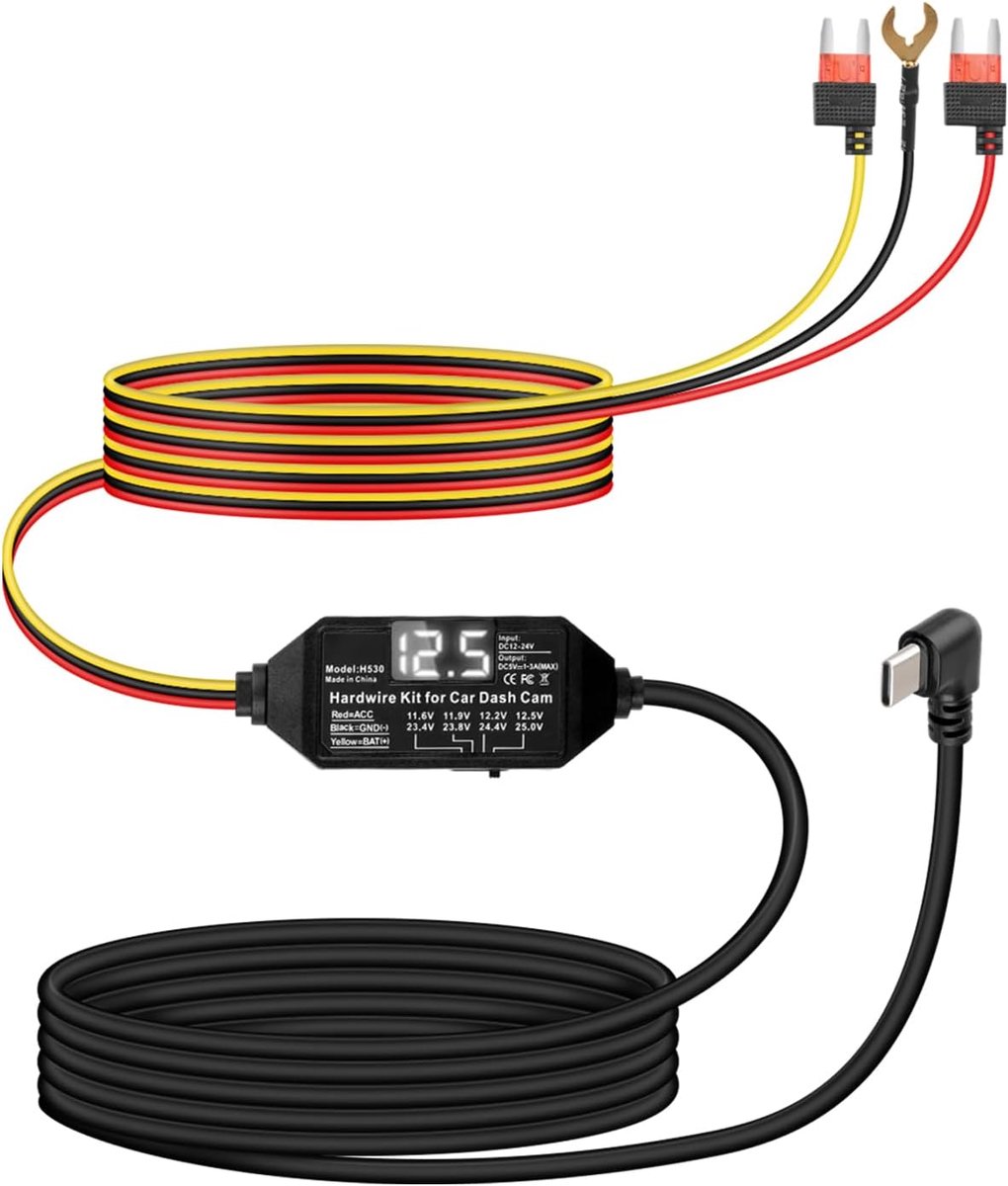 SnelShoppen - Dash Cam Hardwire Kit 12V-24V naar 5V/3A USB-C met Digitaal Display, Laag Voltage Bescherming, 24-Uurs Surveillance en ACC Modus (3.5m)