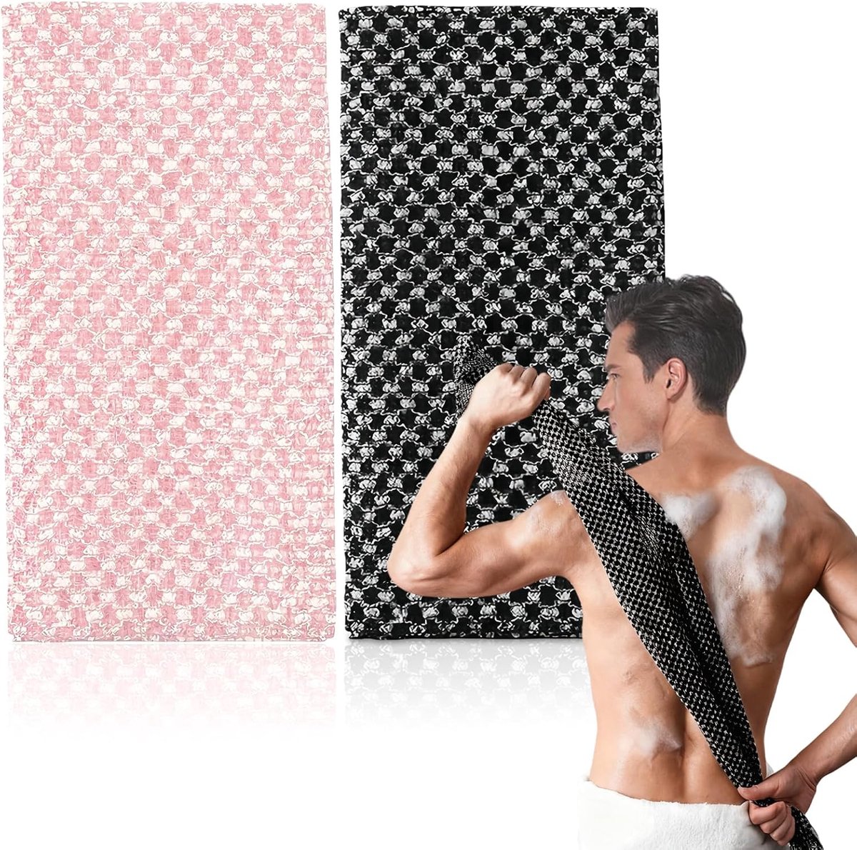 SnelShoppen - Pack van 2 Bad Spons, Lange Rugborstel, Douche Spons, Dichte Schuim, Extra Lang 100 cm, Scrub, Diepe Reiniging, Ultra Zacht, Zwart + Roz