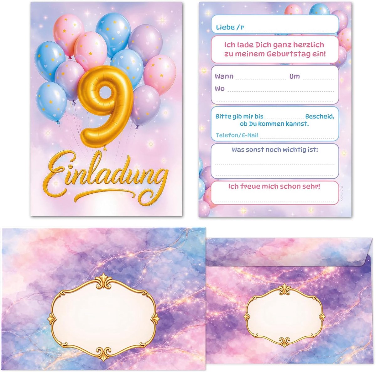 SnelShoppen - 8 Uitnodigingskaarten voor Kinderverjaardag incl. 8 Enveloppen - 9e Verjaardag Kinderen Meisjes Jongens - Ballonnen - 300 g/m² Fotodruk