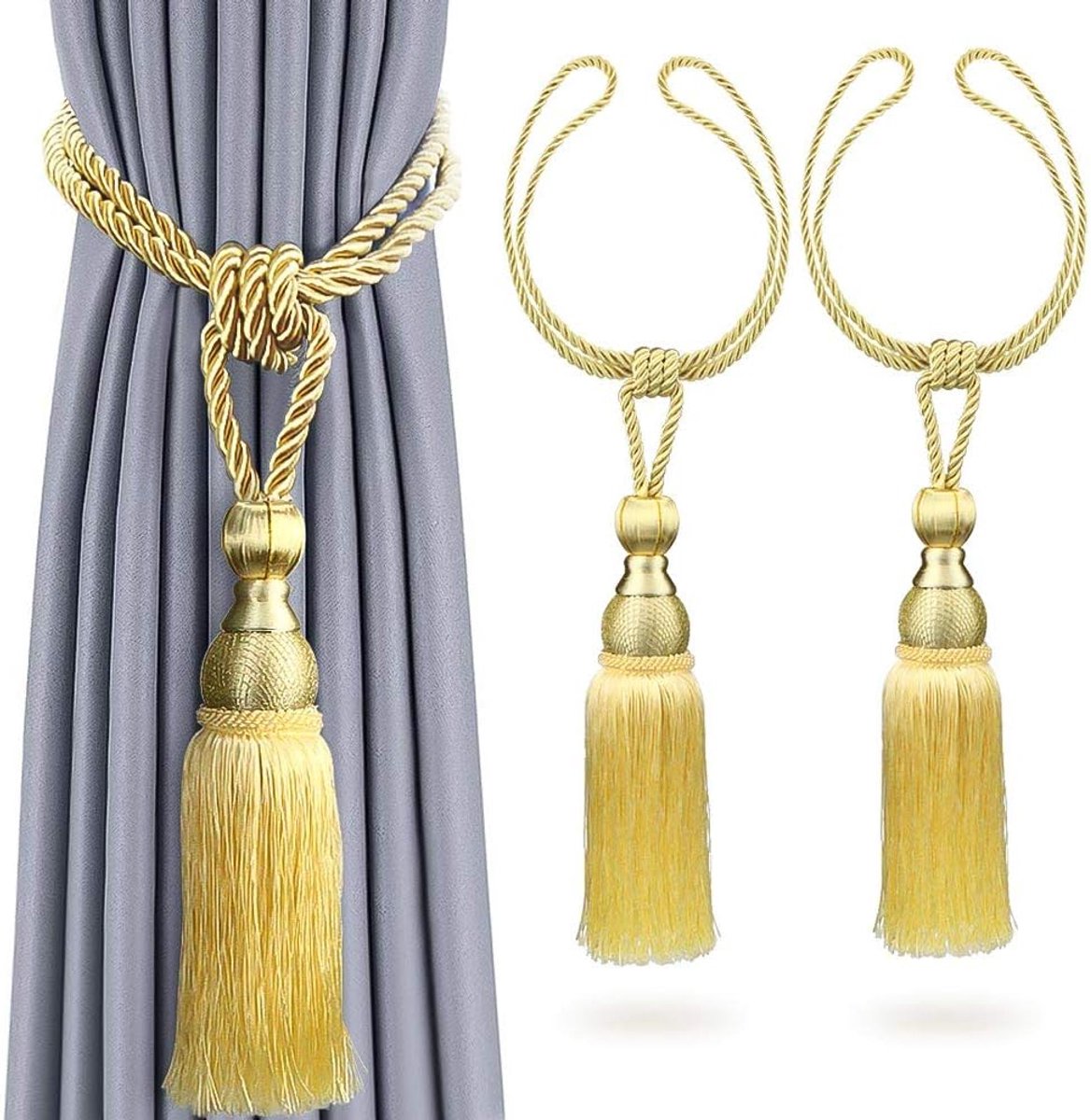 SnelShoppen - 2Pcs Luxe Tassel Gordijn Tie Backs - Antieke Holdbacks met Ball Rope - Perfect voor Woondecoratie - Goud - 71cm Lengte