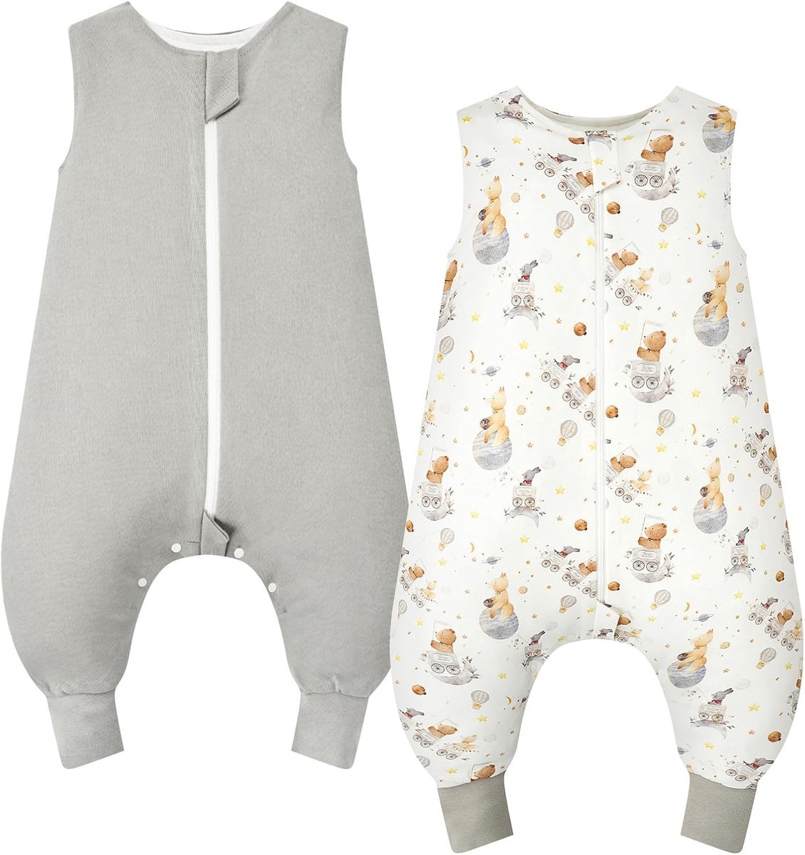 SnelShoppen - Baby Slaapzak met Voetjes, 1.0 Tog, 2-Pack, 100% Katoen, Maat 90 cm, Fantasy Bear + Grijs, Sleeveless, Voor Jongens en Meisjes