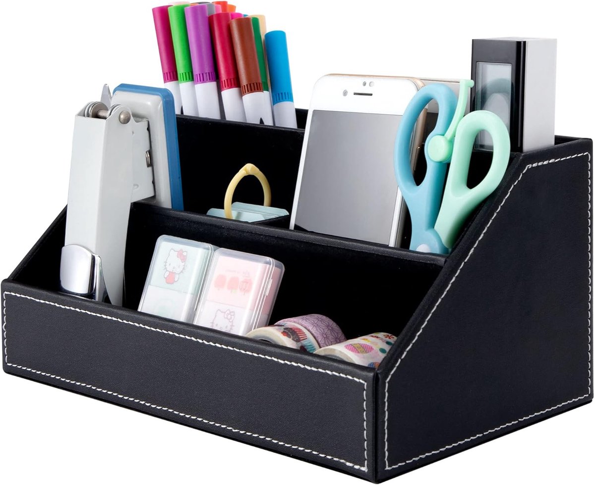 SnelShoppen - 5 Compartimenten Lederen Bureau Organizer Multifunctioneel voor Pennen, Nietmachines, Klemmen, Plaknotities, Kantoorbenodigdheden - Zwar