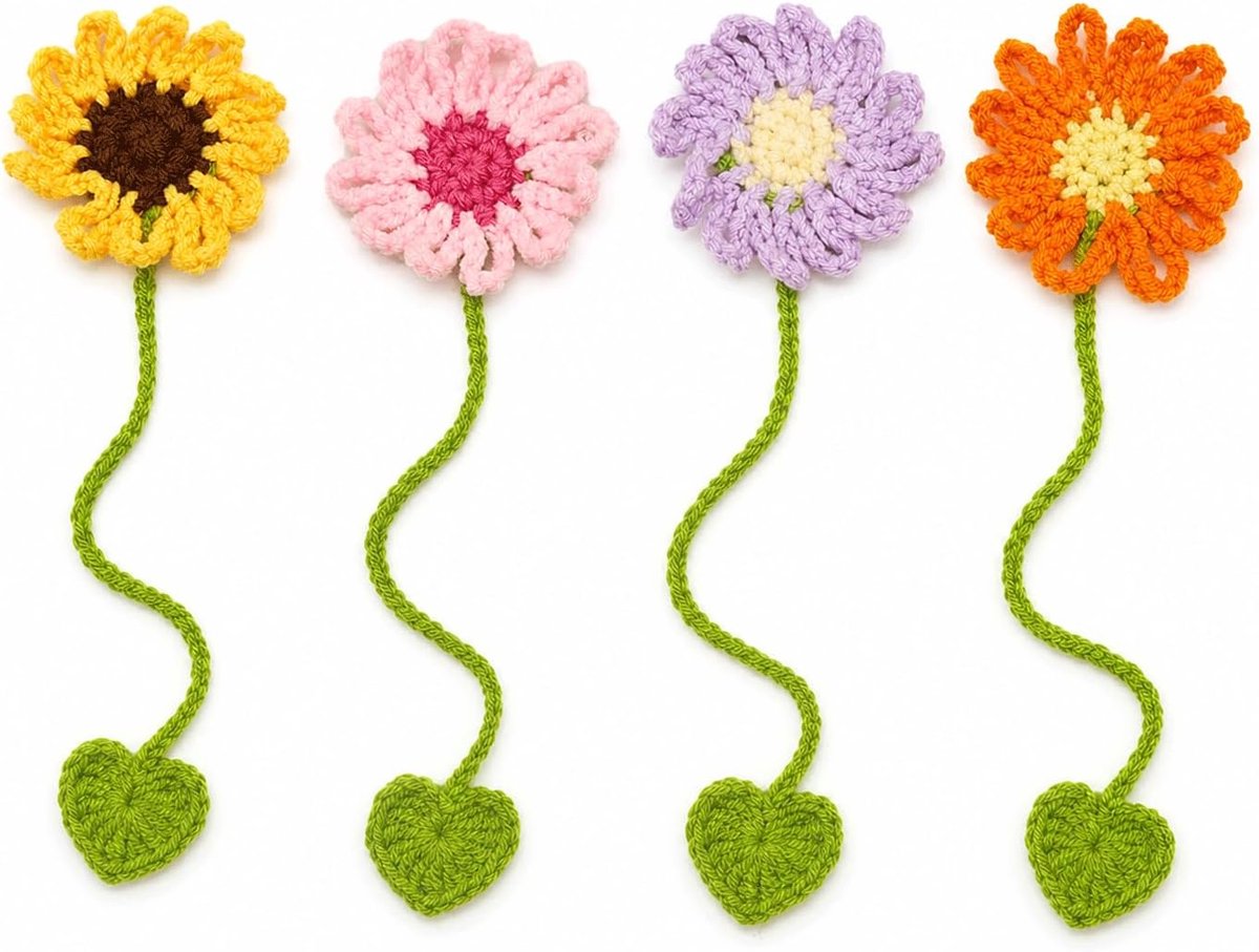 SnelShoppen - 4 Handgehaakte Bloemen Bladwijzers van Zacht Katoen - Gepersonaliseerde Bladwijzers voor Kinderen en Volwassenen - Perfect Cadeau voor L