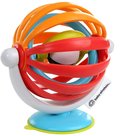 Baby Einstein sticky spinner met rode, oranje, blauwe en gele ringen, op een blauwe zuignap.