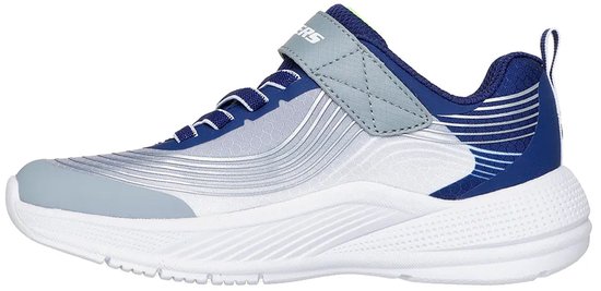 Blauwe Skechers sneaker met grijze en witte accenten, veters en klittenbandsluiting.