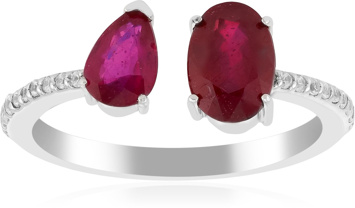 Cavill - Zilveren Ring met Bemainty Robijn 1,74 ct - 925 Sterling Zilver Platina Gecoat - Ovaal en Peervorm - Verstelbaar - Elegante Damesring