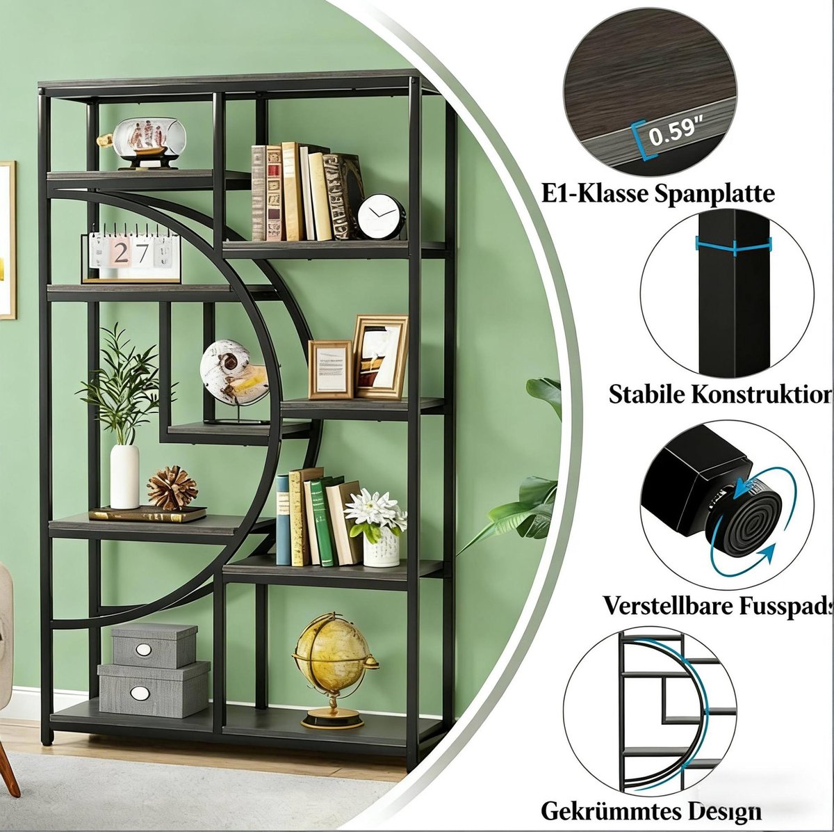 COVREO Boekenkast 175x175x30 cm zwart, metaal en hout met 9 open vakken