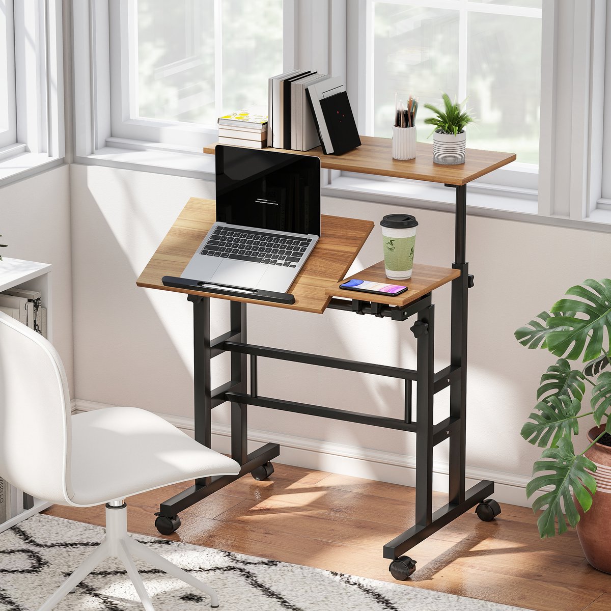 In hoogte verstelbaar zit-sta bureau 70 x 60 cm met wielen, kantelbaar blad, bruin metalen frame thumbnail 3