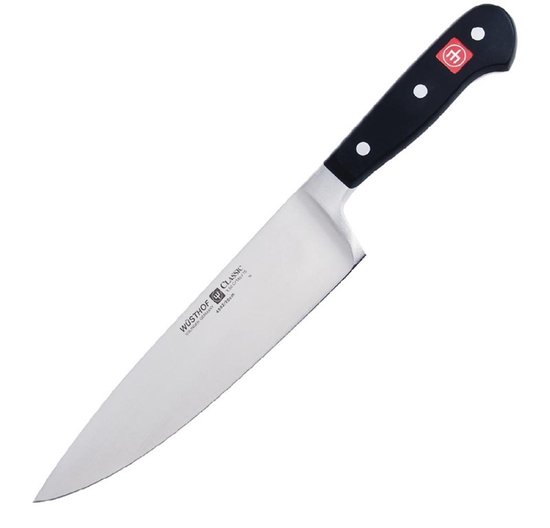 Wüsthof Classic koksmes van 20 cm met een zwart handvat en zilverkleurig lemmet.