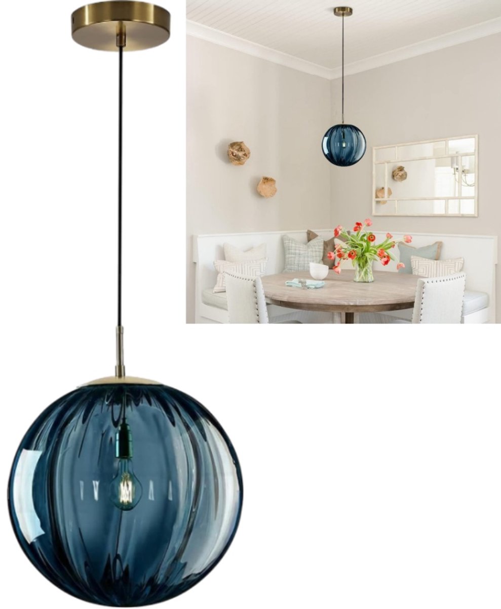 1 stuk - Kroonluchter met glazen bol (lamp niet inbegrepen) - Vintage gouden frame - Eetkamerverlichting - Verlichting boven het kookeiland - 20 cm - Decoratieve verlichting voor keukeneiland/eetkamer - Blauw