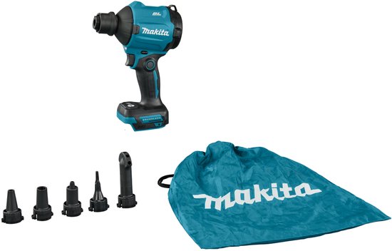 Makita accu blaasmachine in turquoise en zwart, met accessoires en opbergzak.