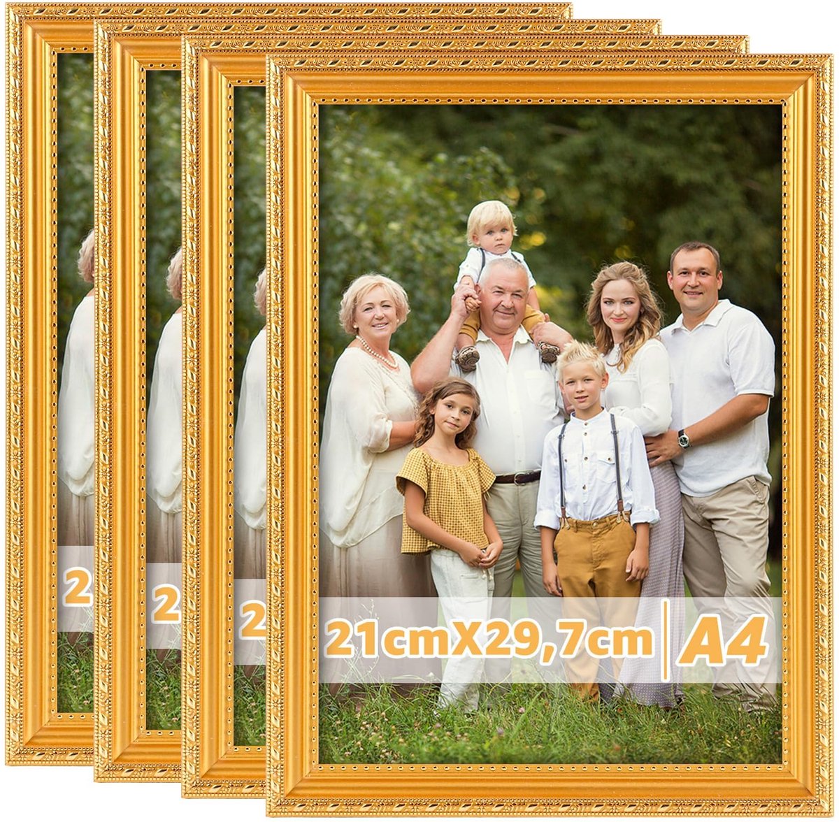 SnelShoppen - 4 stuks kunstzinnige fotolijst A4 goud barok stijl met glasplaat, vintage fotolijst voor diploma's en certificaten, 21 x 30 cm