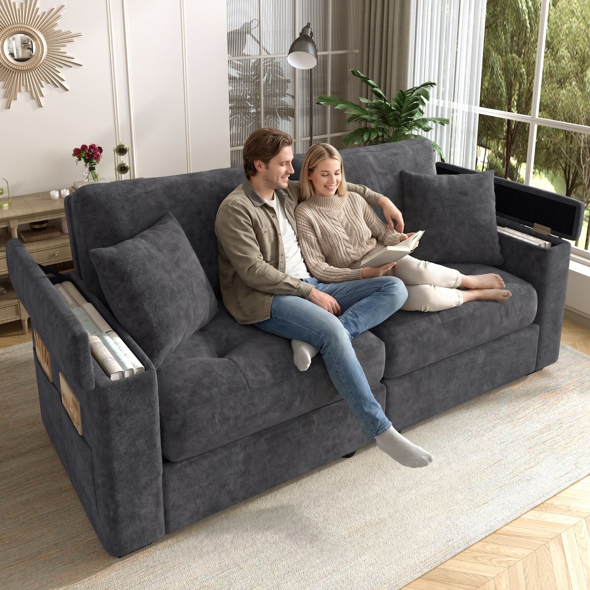 Moderne tweezitsbank met armleuningopslag - inclusief 2 comfortabele kussens - donkergrijs