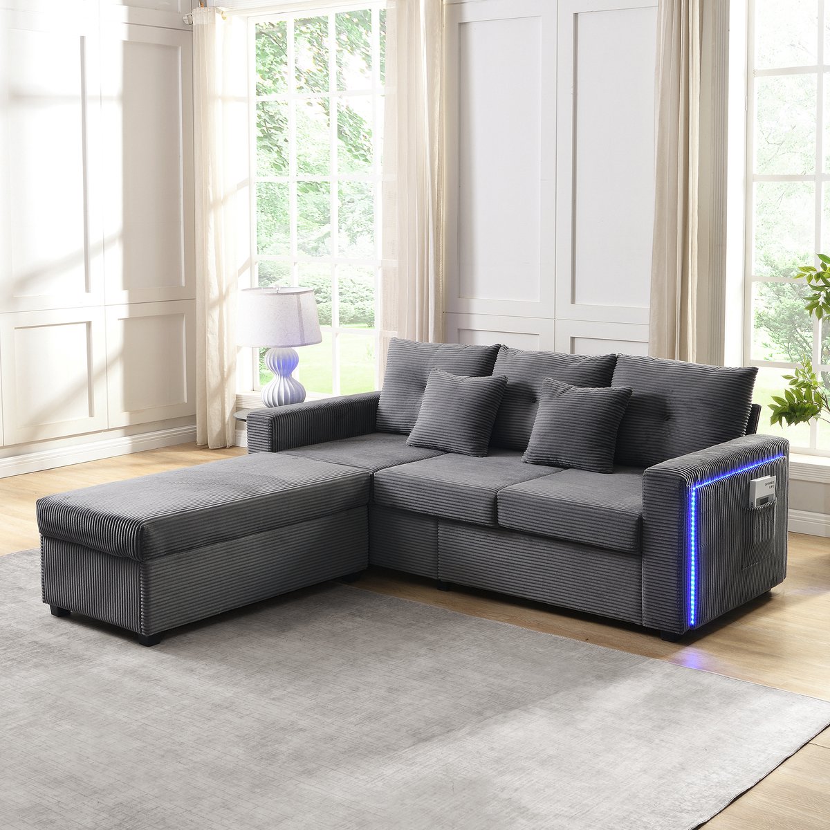 Modern bankstel met LED-verlichting - driezitsbank - afneembare voetenbank - L-vormige woonkamermeubels - donkergrijs