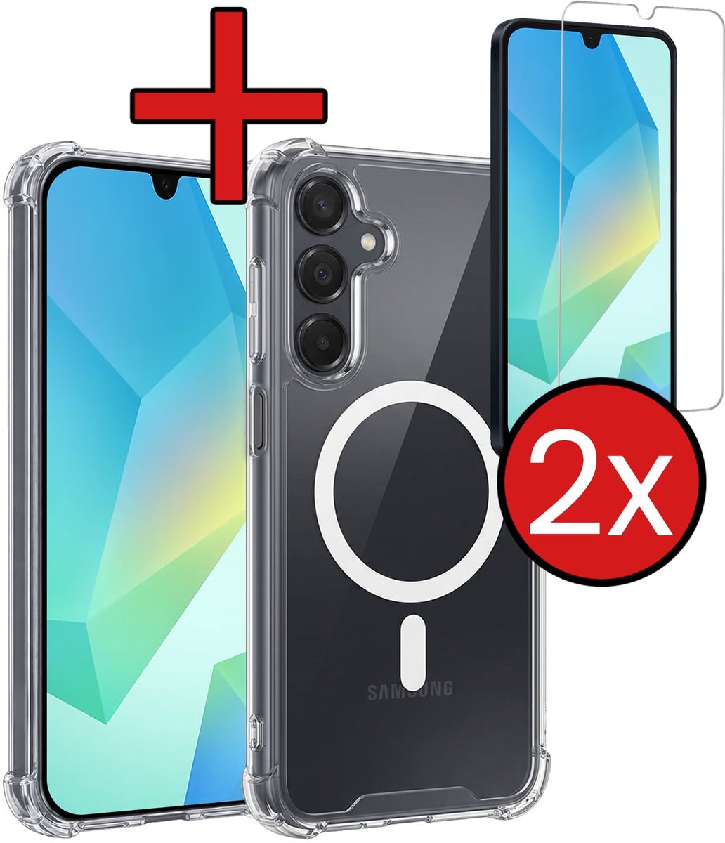 Hoesje - Met 2x Screenprotector - Geschikt voor Samsung Galaxy A16 - Magsafe Compatible - Sterk & Shockproof - Shock Proof Case - Back Cover - Telefoon Hoes - Telefoonhoes - Transparant