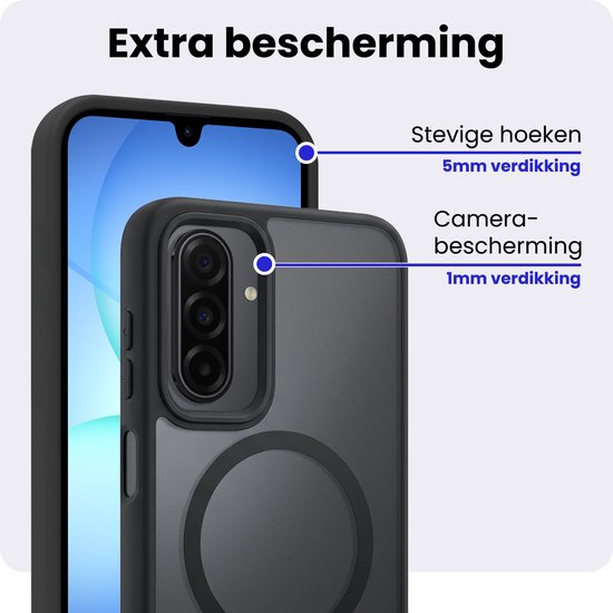 Close-up van zwarte telefoonhoes met markeringen voor 5mm verdikking bij hoeken en 1mm bij camera.