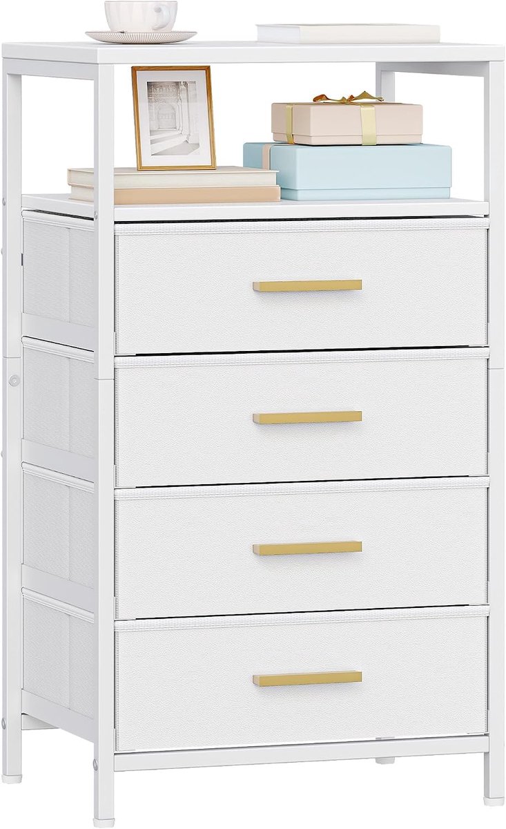 Hzuaneri Nachtkastje, Bijzettafel met Open Vak, Ladekast met 4 Opvouwbare Stoffen Lades, Modern, Voor Slaapkamer, Woonkamer, Wit