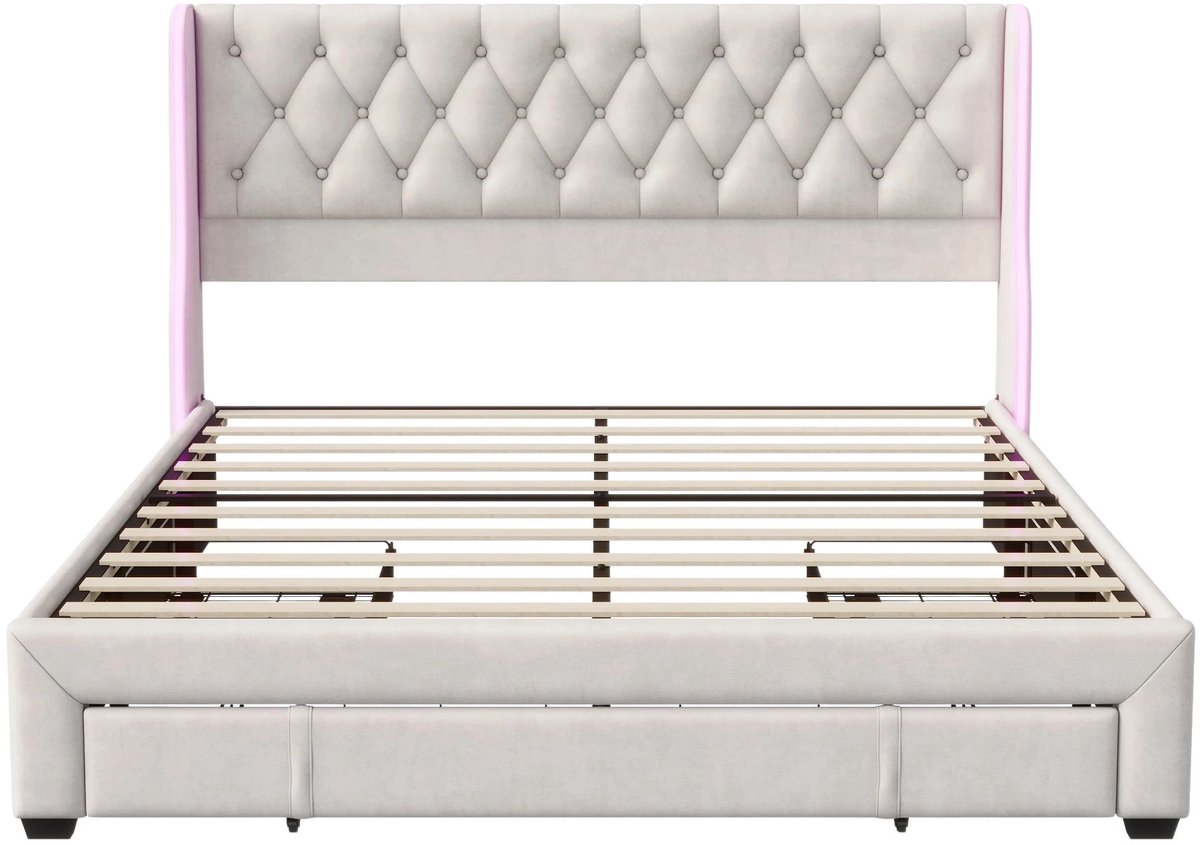 Happiq Gestoffeerd Tweepersoonsbed 160x200 cm Beige - met Opbergruimte, Hoofdbord