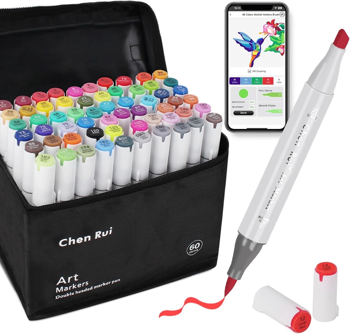 SnelShoppen - Chen Rui Alcohol Marker Set met App, 60 Kleuren, Dubbele Punt (Penseel en Beitel), Alcoholmarkers voor Volwassenen en Kinderen, Perfect