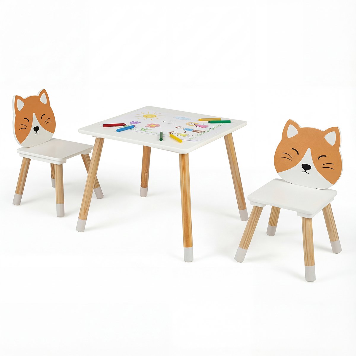 COSTWAY Kinderstoel- en tafelset in kattenvorm, 3-delige kindermeubelset met grenenhouten poten, ruimtebesparende kindertafel voor binnen, tekentafel voor kinderen vanaf 3 jaar