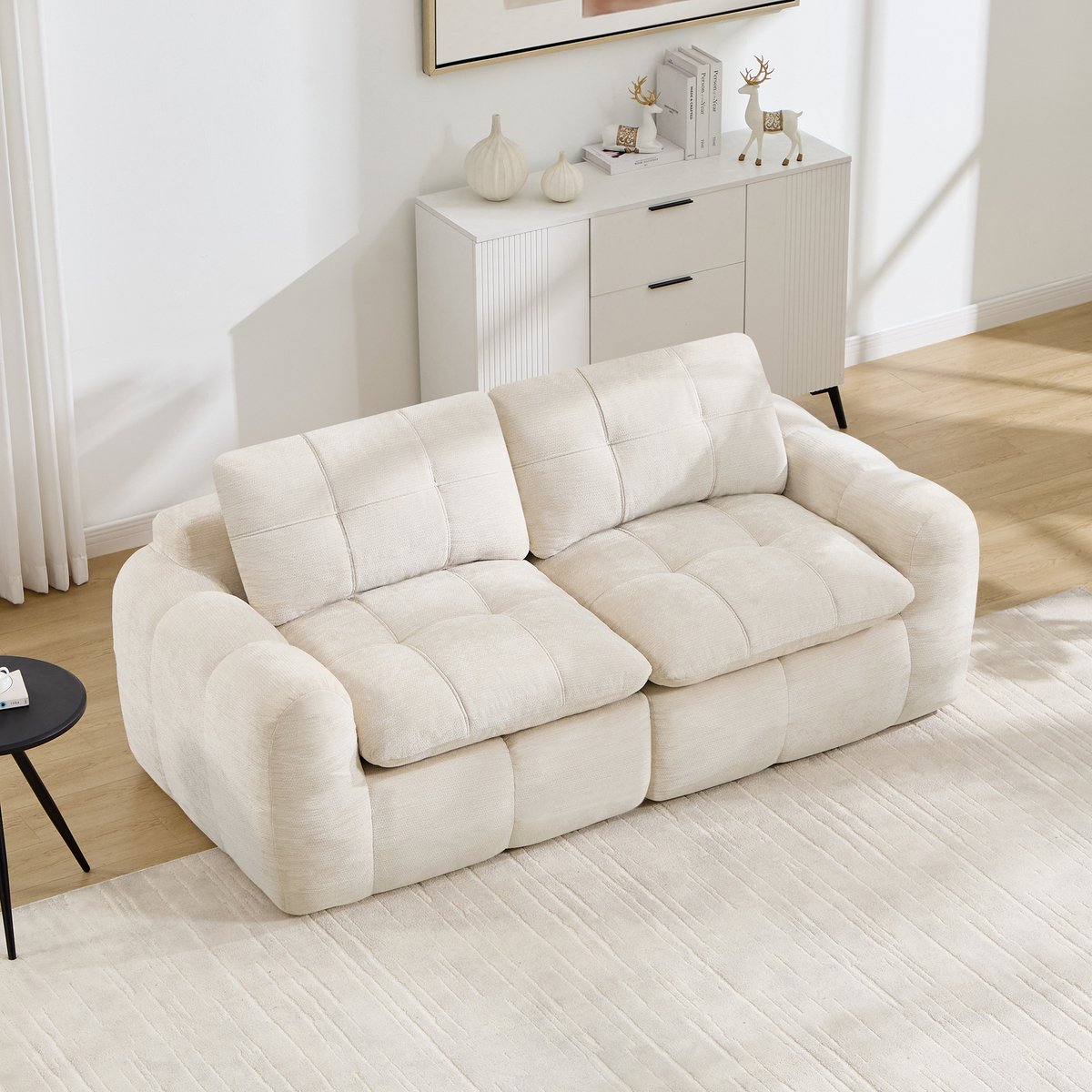 Moderne Tweezitsbank, Modulaire 2-Zitsbank, Vierkante Stiksels, 32D Schuim Met Hoge Dichtheid, Chenille, Diepe Zitting, Minimalistisch, Geen Montage Nodig, Voor Appartement, Woonkamer En Slaapkamer-Beige