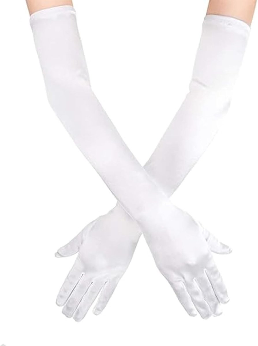 Elegante Lange Witte Satijnen Handschoenen voor Halloween Kostuums en 1920s Feestjes, Perfect voor Dames