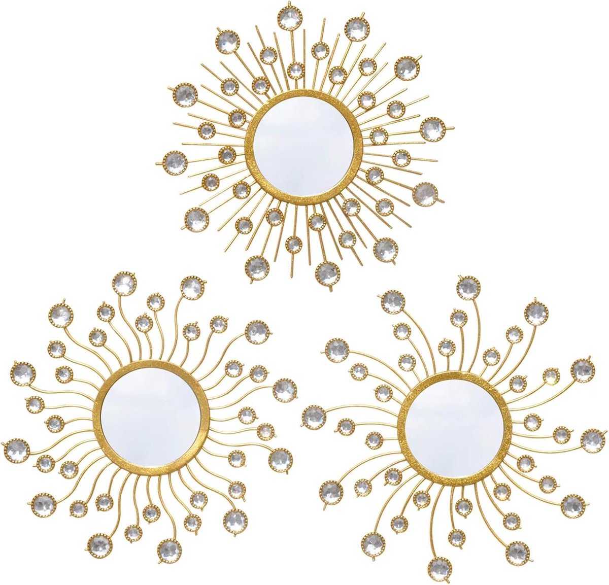 SnelShoppen - Set van 3 Wotieuns Sunburst Boho Gouden Spiegel Muur Decoratie - Metalen Wandspiegels 23,5 cm voor Woonkamer, Slaapkamer en Badkamer