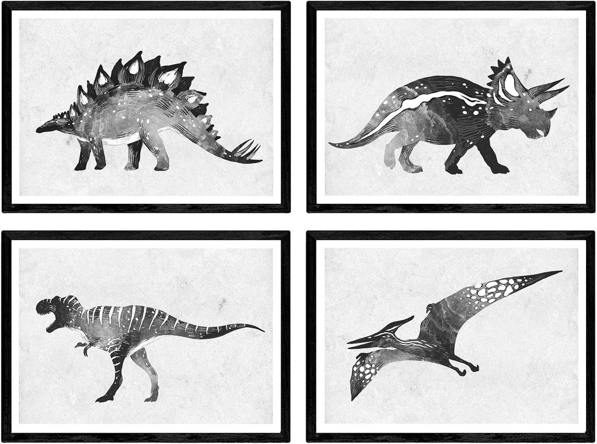 SnelShoppen - A4 Dinosaurus Posters Waterverf voor Kinderen - 21x29,7cm Wanddecoratie - Perfect voor Kinderkamer, Speelkamer en Feesten