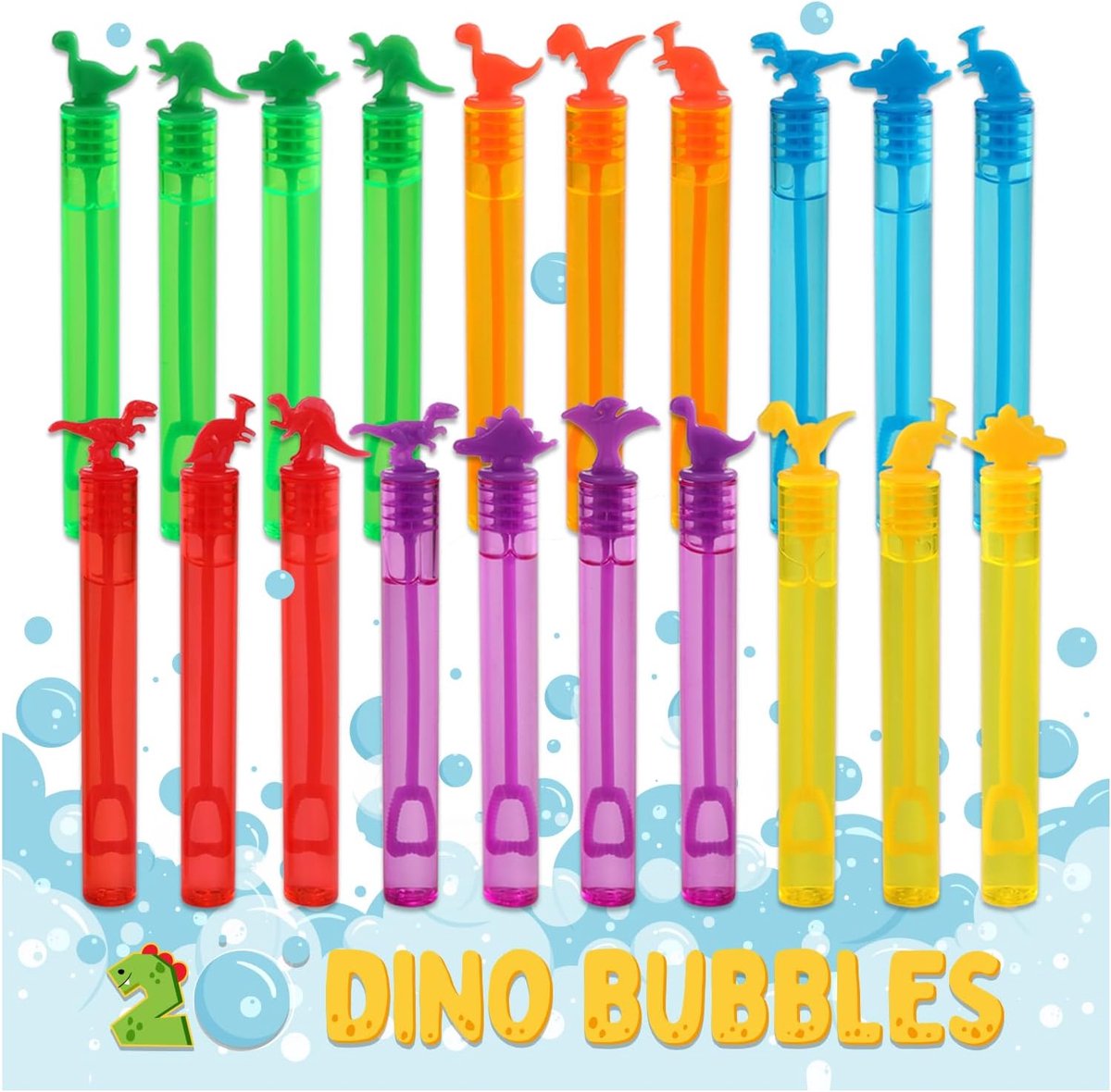 Dino Bellenblaas-kinderset, 20 zeepbellen met dinosaurus-design, in 6 kleuren, bubbels voor kinderverjaardag, bruiloft, Halloween, mini-bubbelspeelgoed als cadeautje voor kinderen