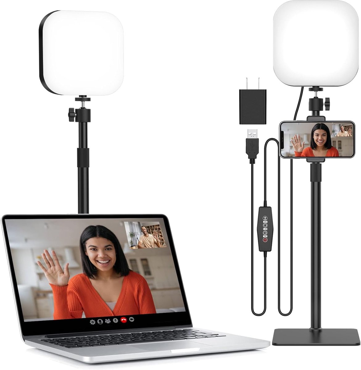 180 LED Videolicht met mobiele telefoonhouder, videolicht met 3 kleuren en 5 helderheidsniveaus, USB-voeding, sleutellicht voor videoconferenties, Zoom-vergaderingen, live streaming