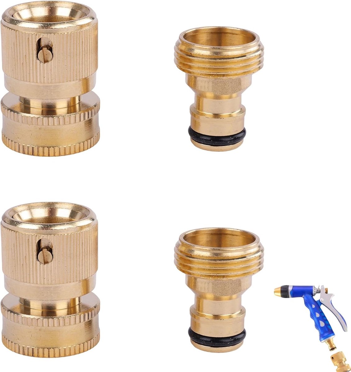 4 stuks tuinslang snelkoppelingsset: duurzaam messing slangmondstuk aansluitset met mannelijke en vrouwelijke snelkoppelingsslangkoppelingen voor standaard 3/4 inch slangen