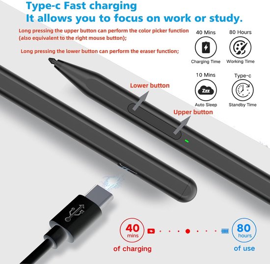 Stylus Pen voor Microsoft Surface Pro11/10/9/8/X/7+/6/5/4/3, Surface — afbeelding 2