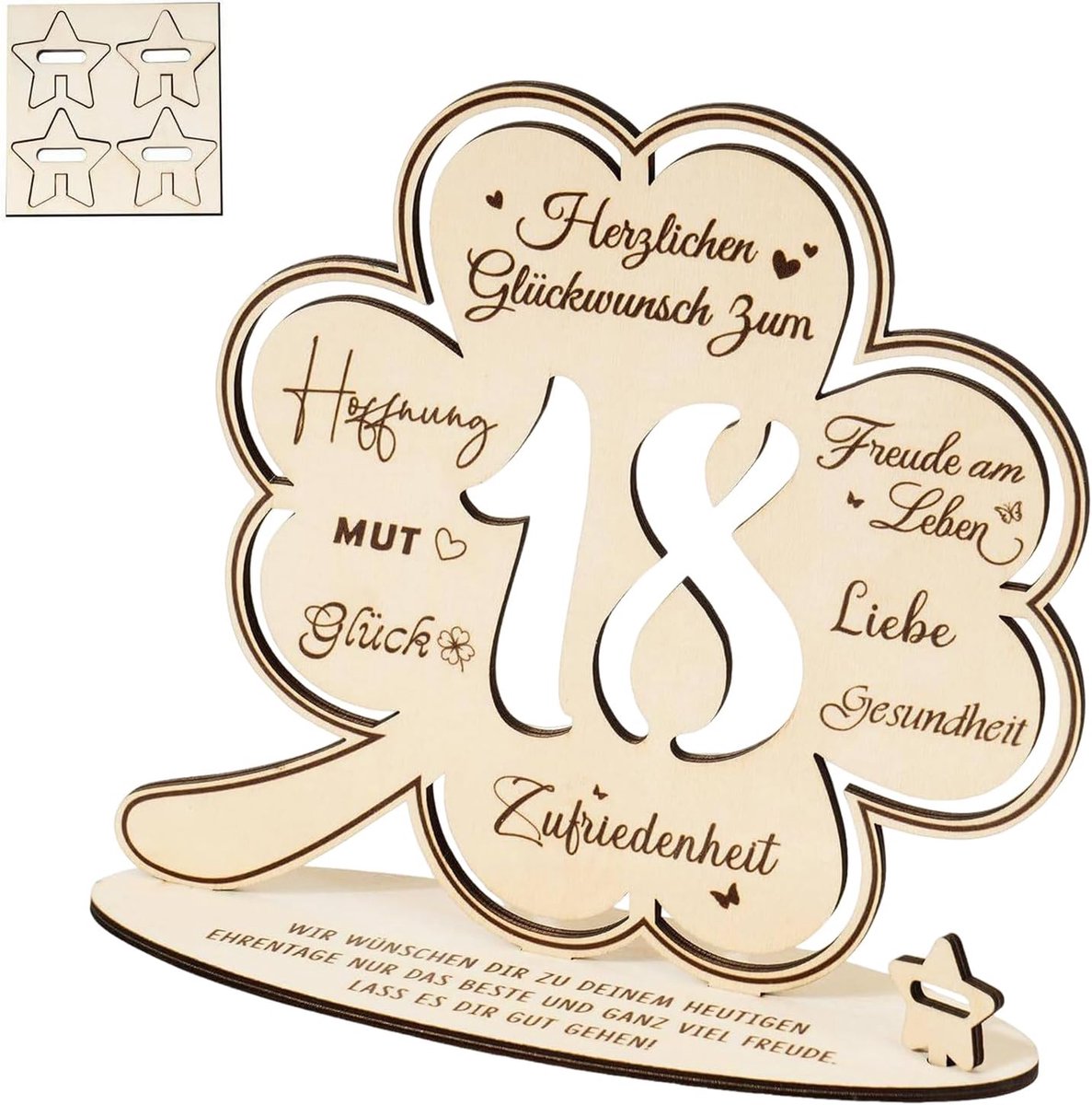 Cadeau voor meisjes en jongens, decoratie voor de 18e verjaardag van hout in de vorm van een klaverblad, alternatief gastenboek, achttiende tafeldecoratie voor feestjes en felicitaties