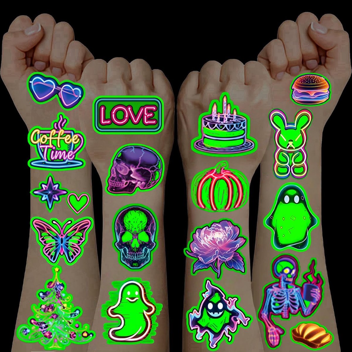 10 Vellen Tatoeages voor Kinderen Lichtgevende Stickers, Glow in the Dark Tatoeages, Feestgunsten Kinderen Meisjes Jongens Speelgoed 3 4 5 6 7 8 9-12 Jaar Kindertatoeages Tijdelijke Tatoeages Neon
