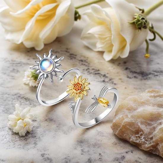 2 stuks anti-stress ring, draaibare fidget angst ring zonnebloem zon instelbare opening voor accessoires, ontspannen — afbeelding 5