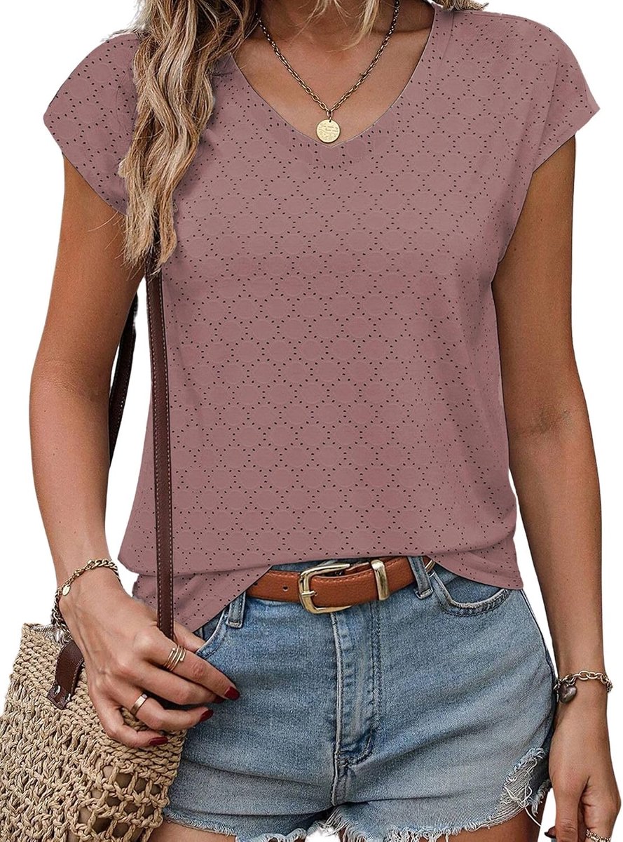 T-shirt dames V-hals korte mouwen blouse top zomer elegant borduurwerk shirt casual licht vleugelmouwen top losse luchtige tanktop S-XXL, roze, L